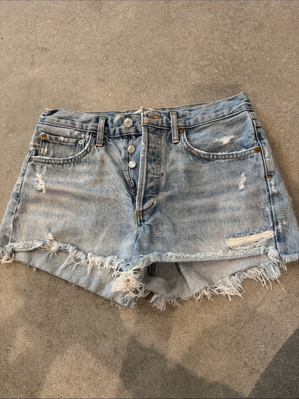 Agolde Light Blue Distressed Button-Fly Denim Shorts